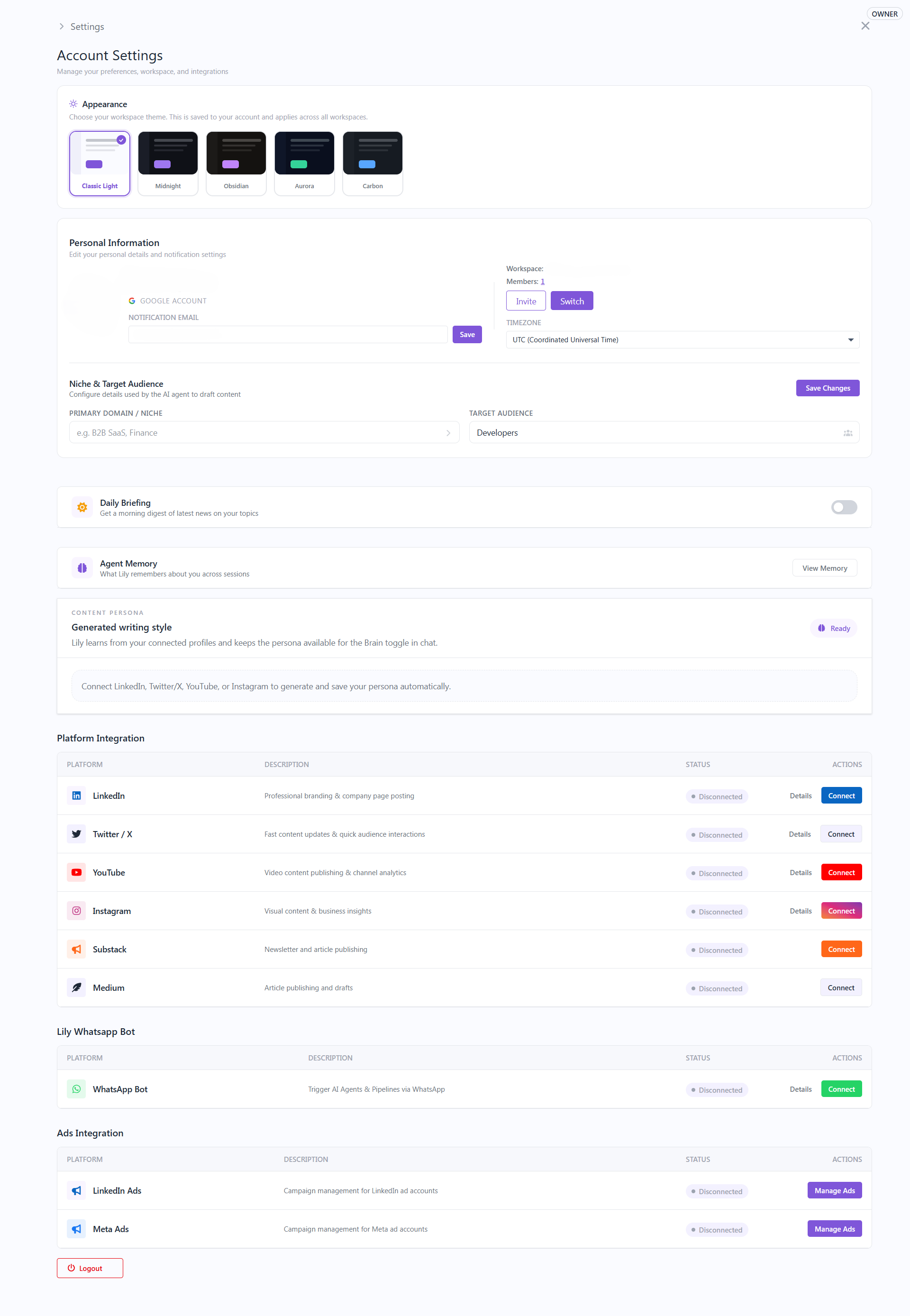 Account Settings Appearance Theme Panel